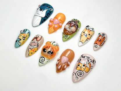Whimsical Cartoon Kitty Press On Nails | 3D Cat Paw & Animal Faces | Cute Cartoon Pet Press Ons | Handmade Kawaii Nail Set | JB953H