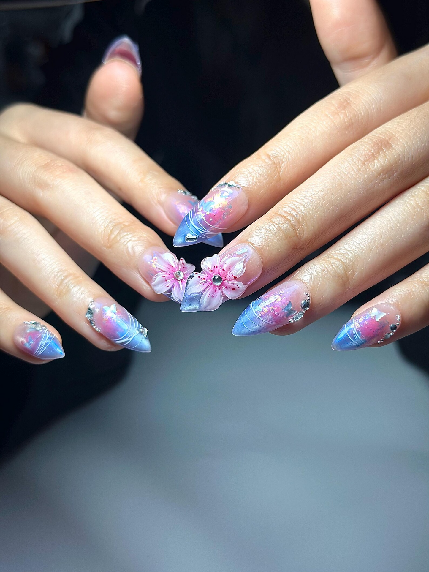 Aurora Galaxy Floral Press On Nails | Iridescent Chrome Stiletto Nails | 3D Sakura Flower Nails | Fantasy Butterfly Nail Art | DB1044HC