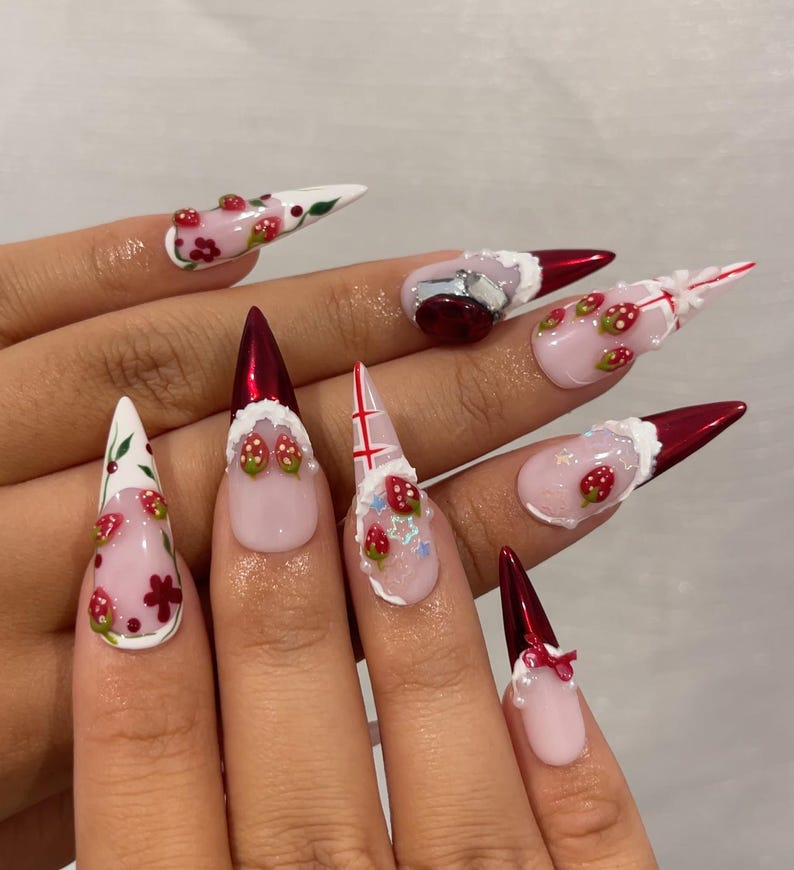 Strawberry  Press On Nails For Christmas  | 3D Strawberry & Whipped Cream Nail Art | Cute Festive Press Ons| Sweet Winter Nail Design| JC226HC