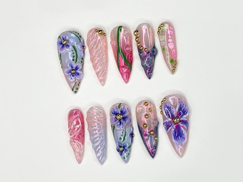 Floral Elegance 3D Press On Nails | Handcrafted Press On Nails with Delicate Flower Designs | Perfect for Spring and Summer | JB300SK