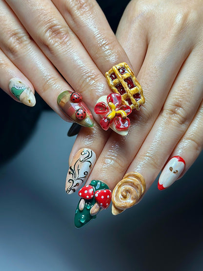 Melancholic Cartoon Press On Nails | Cottagecore Nail Art | Mushroom & Dessert Nails | Fantasy Character Nails | Artistic Press Ons| JB326HC