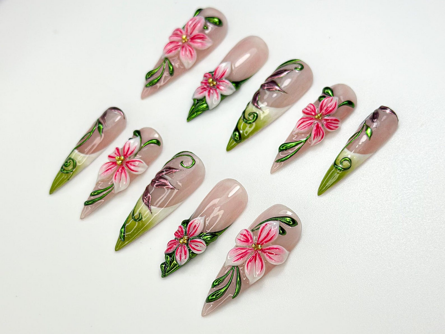 Garden Fantasy Press On Nails | 3D Pink Flower & Leaf Nails | Handmade Botanical Nail Art | Nature-Inspired | Vibrant Floral Nail | JC993HK