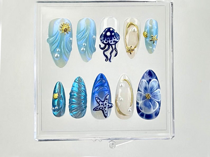 Ocean Fantasy Press On Nails | Jellyfish and Starfish Designs Acrylic Nails |Unique Sea-Themed Nail Art |Luxury Nautical Fake Nails |HB611YV