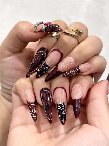 Gothic Ruby Witch Press On Nails | Red Black Sorcery Nail Art | 3D Ring Accents & Mystic Symbols | Luxury Dark Glam Set | HB1202EC