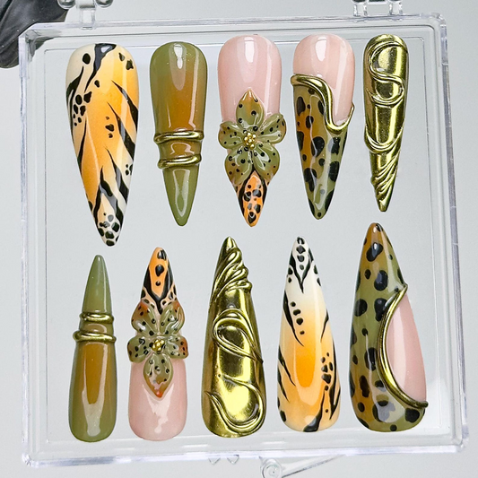 Jungle Safari Glam Press On Nails | Gold 3D Embellished Leopard Fake Nails | Olive & Mustard Animal Print Nail Art | Exotic Nails | HB733YK