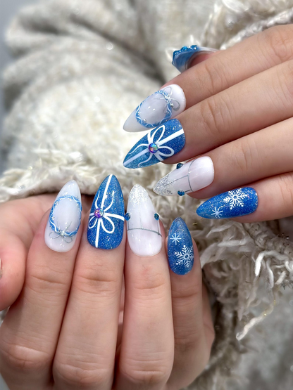 Frosty Blue Winter Gift Press On Nails For Christmas | Snowflake Glitter Christmas Nails | Blue White Holiday Set | 3D Icy Tree Accent | DC930EC