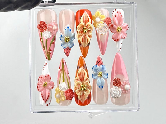 Luxurious 3D Flower Press On Nails | Bespoke Pink Flower Nail Art | Artisan Crafted Acrylic Nails | Jewels and Beads Nail Polish | HB633YK