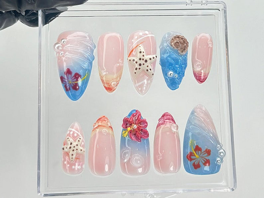 Ocean Shell 3D Press On Nails | Tropical Starfish Fake Nails | Handmade Summer Beach Nail Art |Mermaid Nails |Gift for Beach Lovers |HB840YC