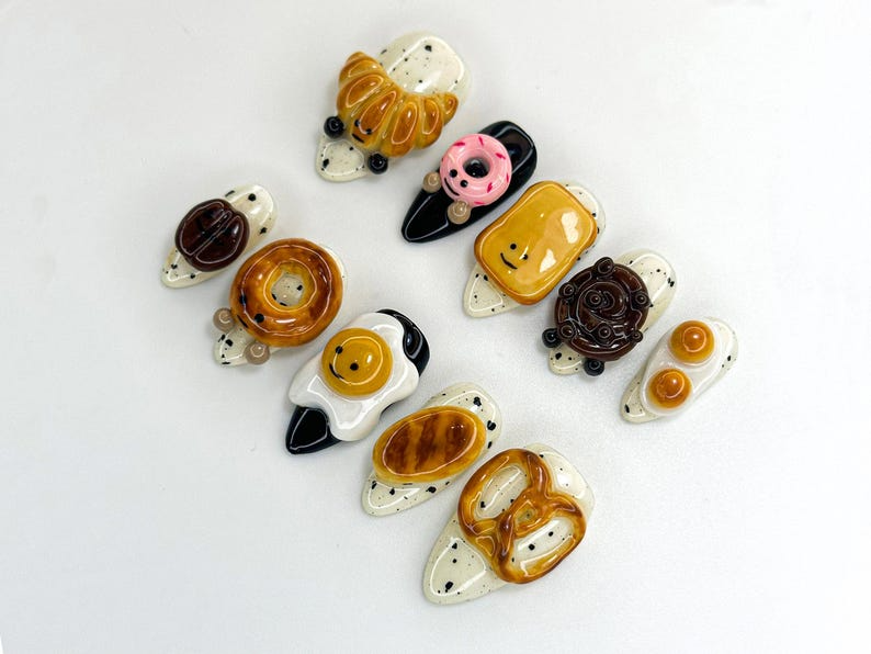 Breakfast Food Press On Nails | 3D Croissant Donut Nail Art | Toast and Egg Handmade Nails | Fun Foodie Nails | A1114K