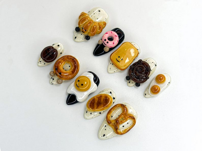 Breakfast Food Press On Nails | 3D Croissant Donut Nail Art | Toast and Egg Handmade Nails | Fun Foodie Nails | A1114K