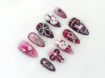 Merry Bunny Christmas Press On Nails | Red And Pink Festive Nail Art | 3D Bunny & Bow Charms | Starry Holiday Glam Nails | HB1177BC