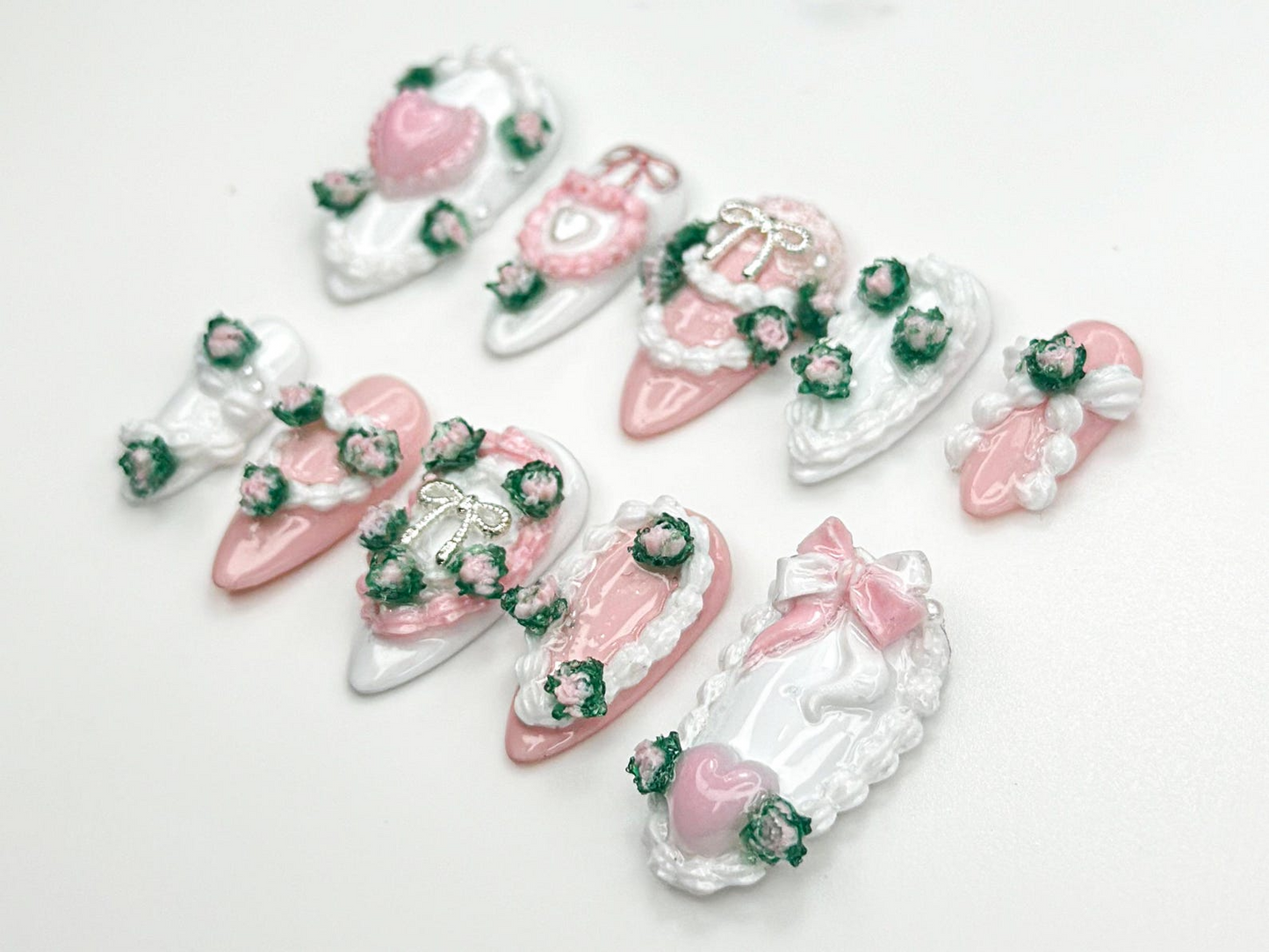 Romance Coquette Pink Press On Nails | 3D Heart Bow Rose Nail Art | Pastel Pink White Cute Nails | Baroque Lolita Press Ons | JB852HC