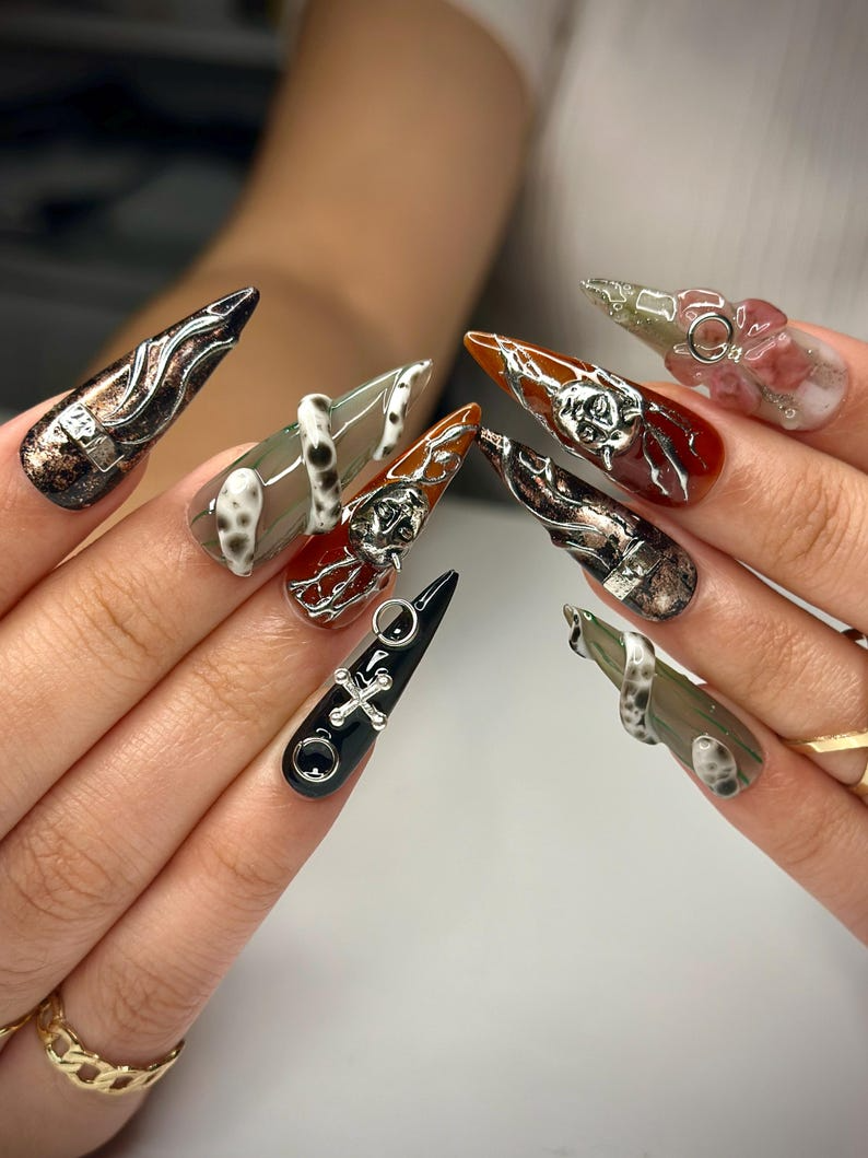 Dark Fantasy Sculpture Press On Nails | 3D Metallic Face Art | Gothic Chains & Abstract Accents | Handmade Nails | Avant-Garde Nail| JB149HK