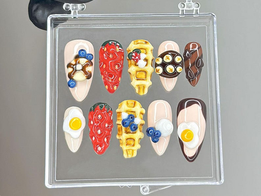 Kawaii Brunch Press On Nails | 3D Food Nail Art | Strawberry Waffle Press Ons | Funny Food Fake nails | Egg & Strawberry Nails | HB955YC