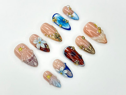 Seashell Press On Nails | Starfish Beach Nails | Summer Ocean Nail Art | Handmade 3D Flower Nails | Vacation Nail Set | JC1138BC