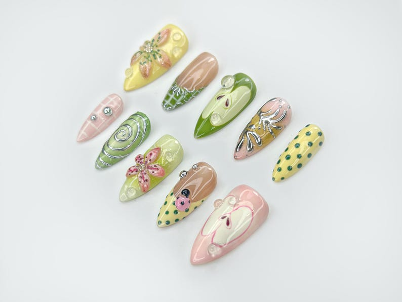 Green Garden Press On Nails | 3D Floral Accents, Ladybug Charms & Whimsical Pastel Nail Art | Handmade Nature-Inspired Nail Set | JB123EC