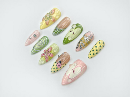 Green Garden Press On Nails | 3D Floral Accents, Ladybug Charms & Whimsical Pastel Nail Art | Handmade Nature-Inspired Nail Set | JB123EC