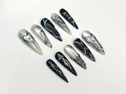 Black Silver Chrome Press On Nails | Gothic Metallic Nail Art | Winter Armor Nails | Holiday Party Nails | Handmade Gift Set | JC1193BK