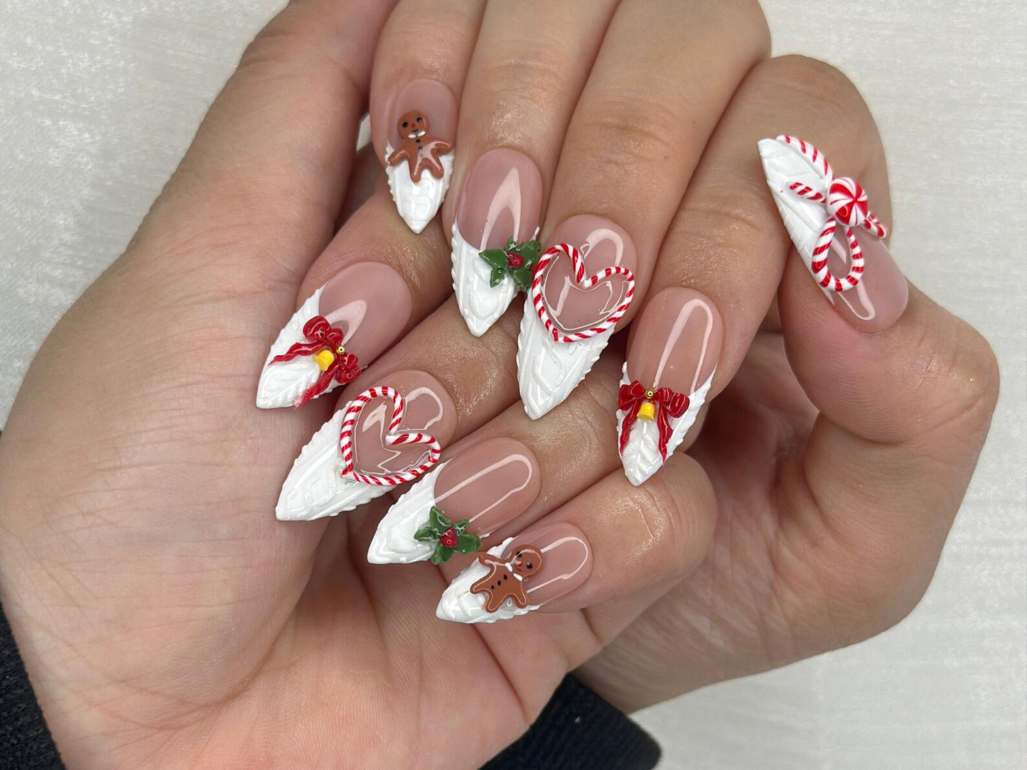 Winter Wonderland Press On Nails For Christmas | 3D Christmas Cookie Nail Art | Red White Holiday Nails | Gingerbread & Bow Press Ons | HB1197HC
