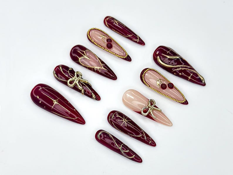 Wine Red Fall Press On Nails | Burgundy & Gold Nail Art | Autumn Holiday Nails | Handmade Glam Nail Set | Elegant Long Nails | JC1137BC