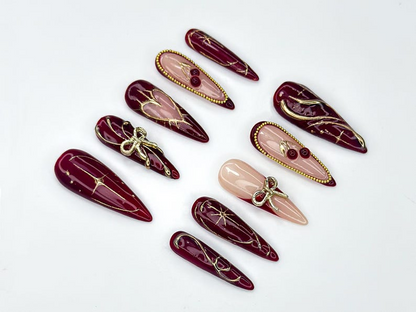 Wine Red Fall Press On Nails | Burgundy & Gold Nail Art | Autumn Holiday Nails | Handmade Glam Nail Set | Elegant Long Nails | JC1137BC