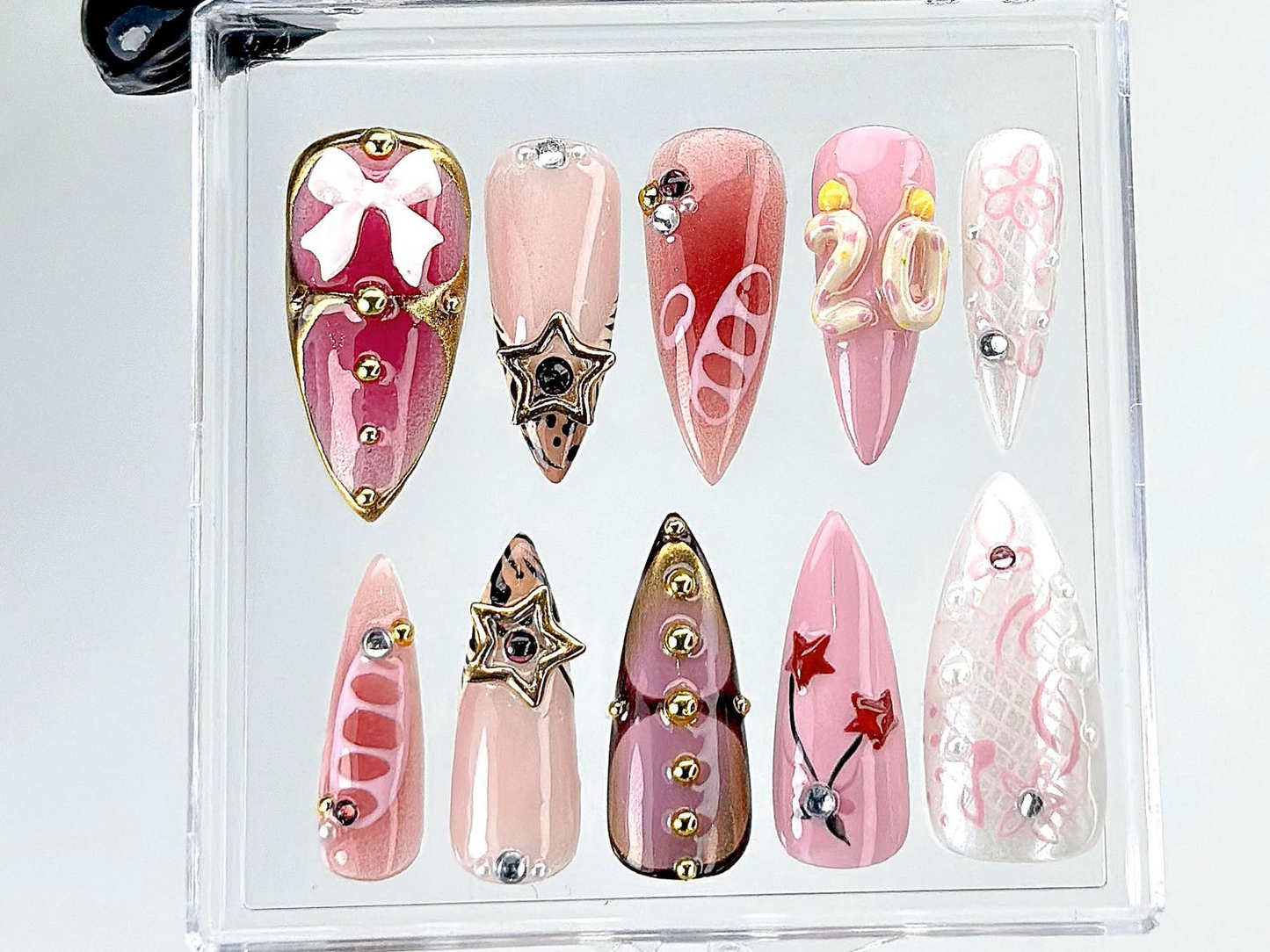 3D Star Bow Pink Press On Nails | Artistic Y2K Style Fake Nails |Trendy Cute Handmade Nail Art |Starry Pink Press Ons |Gothic Nails |HB873YK