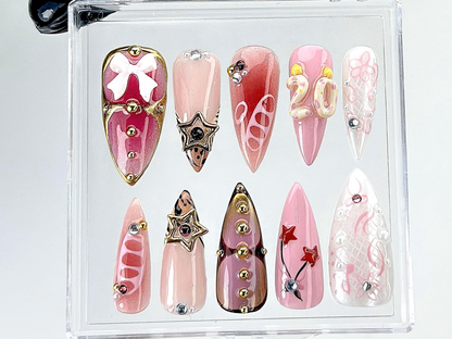 3D Star Bow Pink Press On Nails | Artistic Y2K Style Fake Nails |Trendy Cute Handmade Nail Art |Starry Pink Press Ons |Gothic Nails |HB873YK