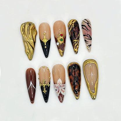 Glamorous Golden Press On Nails | Tortoise Shell And Gold Accents | Handcrafted Luxury Nails | Elegant Handmade Set | JB573HK