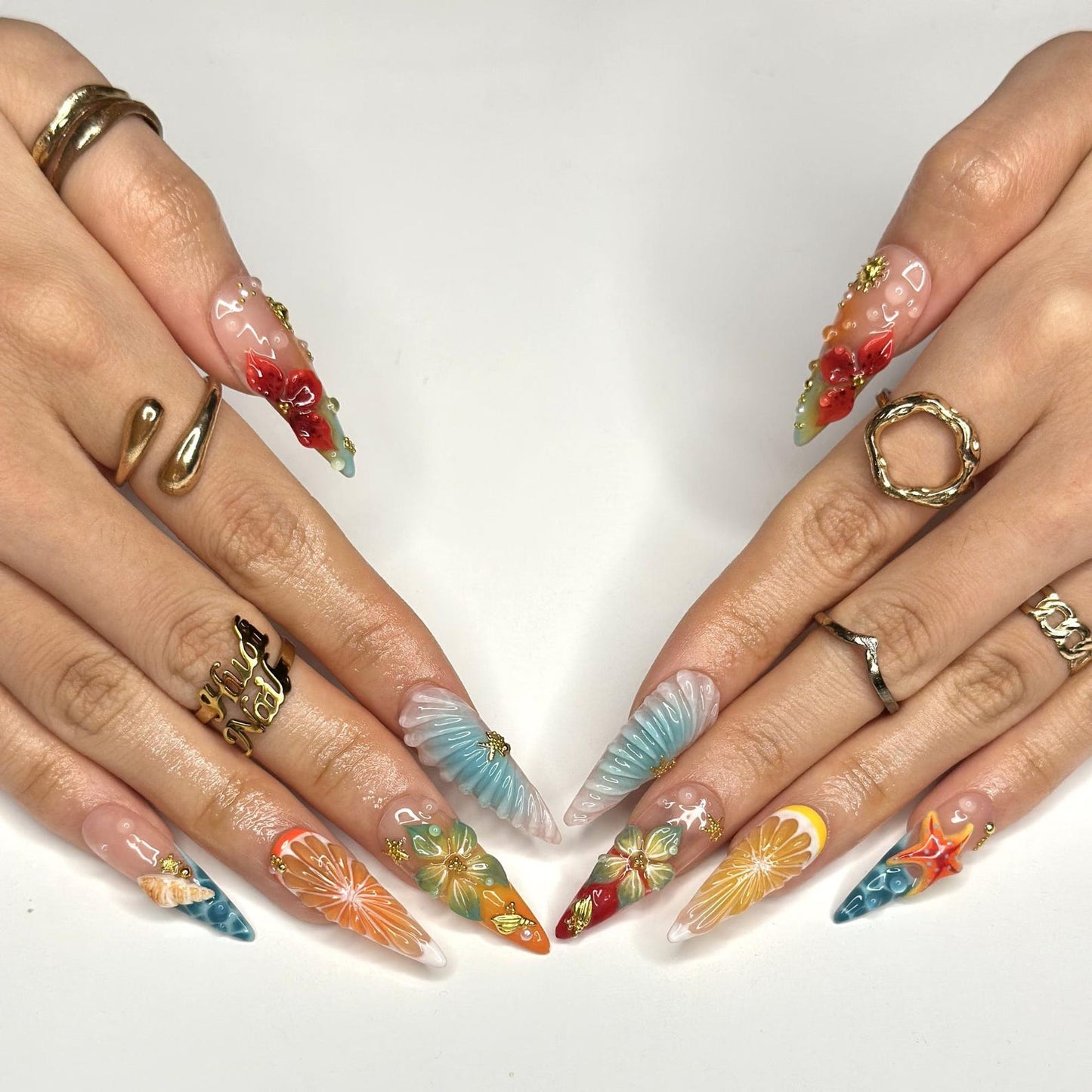 3D Fruit & Tropical Flower Nails | Yellow Lemon Orange Citrus Press On | Pastel Blue Shell Starfish Art | Summer Beach Vacation | OB1349D