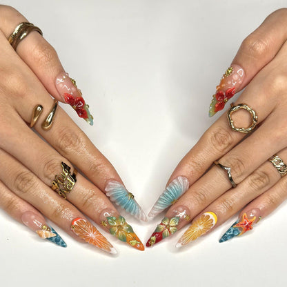 3D Fruit & Tropical Flower Nails | Yellow Lemon Orange Citrus Press On | Pastel Blue Shell Starfish Art | Summer Beach Vacation | OB1349D