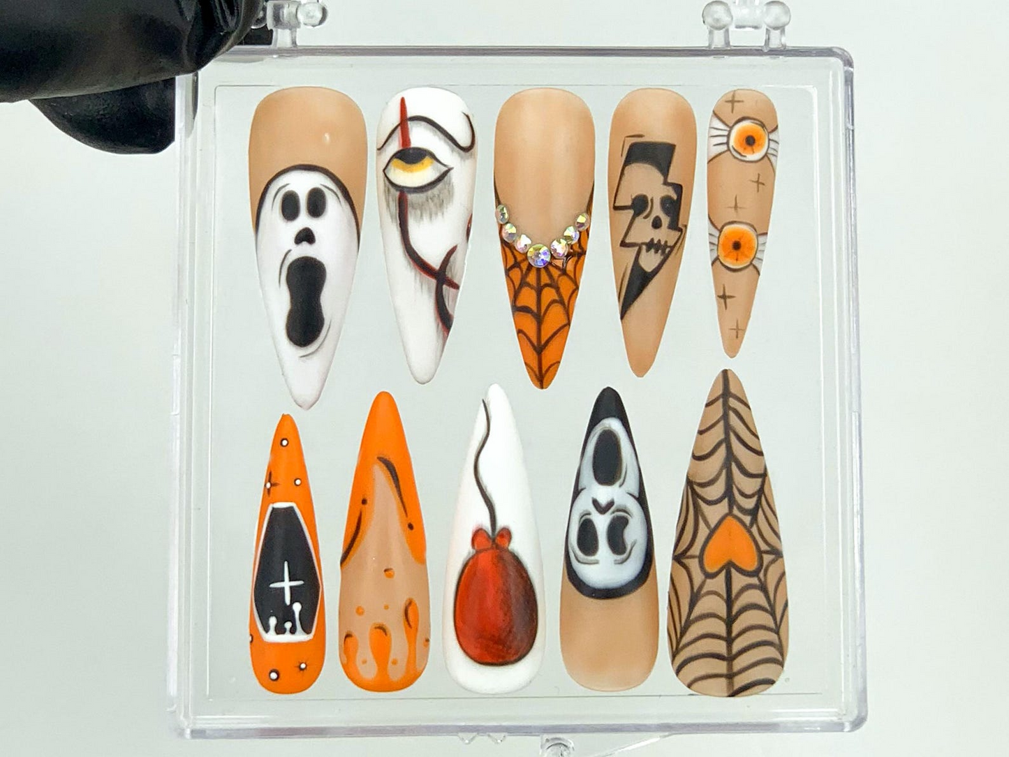 Gothic Halloween Press On Nails | Creepy Orange and Black Fake Nails | Unique Halloween Acrylic Nails | Ghost and Skull Nail Art | HB564YK