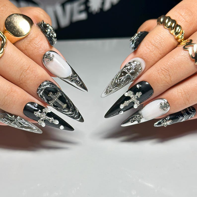Black Gothic Press On Nails | Dark Alternative Nail Art | 3D Cross Nail Art with Pearls | Punk Fake Nails | Punk Rock Press Ons | HC194YP
