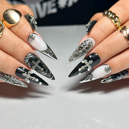 Black Gothic Press On Nails | Dark Alternative Nail Art | 3D Cross Nail Art with Pearls | Punk Fake Nails | Punk Rock Press Ons | HC194YP