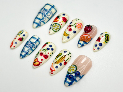 Fruit Picnic Press On Nails | Hand-Painted Fruit Nail Art | Summer Citrus Nail Design | Plaid Bow Cute Press Ons | Colorful Nails | JB853HC