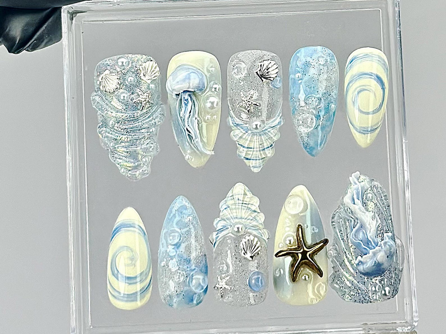 Ocean Theme Press On Nails | 3D Jellyfish & Shell Press Ons | Beach Vibes Fake Nails | Summer Sea Nail Art | Underwater Nails | HB822YC
