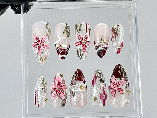 Elegant 3D Floral Press On Nails | Burgundy Pink Silver Nail Art | Silver Chrome Detailing Fake Nails | Luxury Nails | Prom Nails | HB867YK
