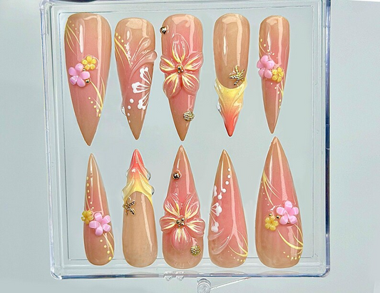 Sunset Blossom Whisper Press On Nails | 3D Pastel Flower Nail Art | Elegant Nude & Coral Tones | Handcrafted Ombre Floral Nails |HC999EK