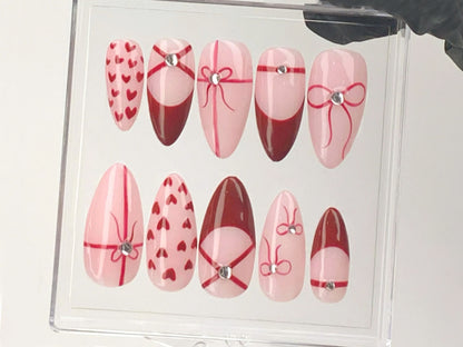 Romantic Red Bow And Heart Press On Nails | Love-Themed Acrylic Nails | Romantic Nail Design | Cute Nail Press Ons | Gift For Her | HD574Y