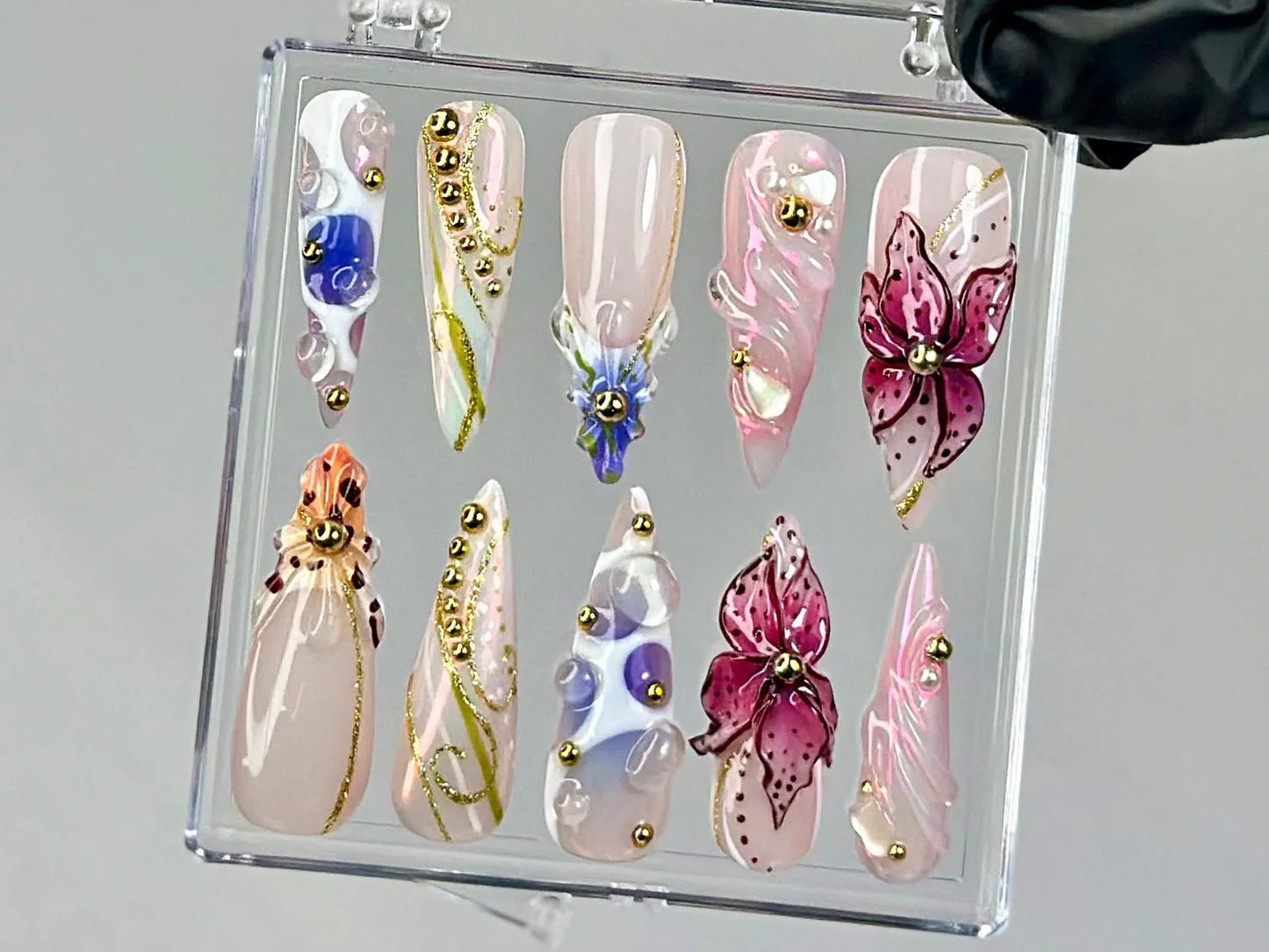 Luxury Orchid Press On Nails | Pearl, Gold Floral Press Ons | Handmade Luxury Fake Nails | 3D Floral, Gold Accents Nail Art | HB751YC