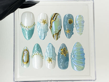 Mermaid Ocean Press On Nails | Blue Ocean-Inspired Designs with Glittery Oceanic, 3D Starfish | Custom Handmade Press On Nails | HD503AL