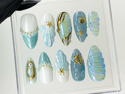 Mermaid Ocean Press On Nails | Blue Ocean-Inspired Designs with Glittery Oceanic, 3D Starfish | Custom Handmade Press On Nails | HD503AL