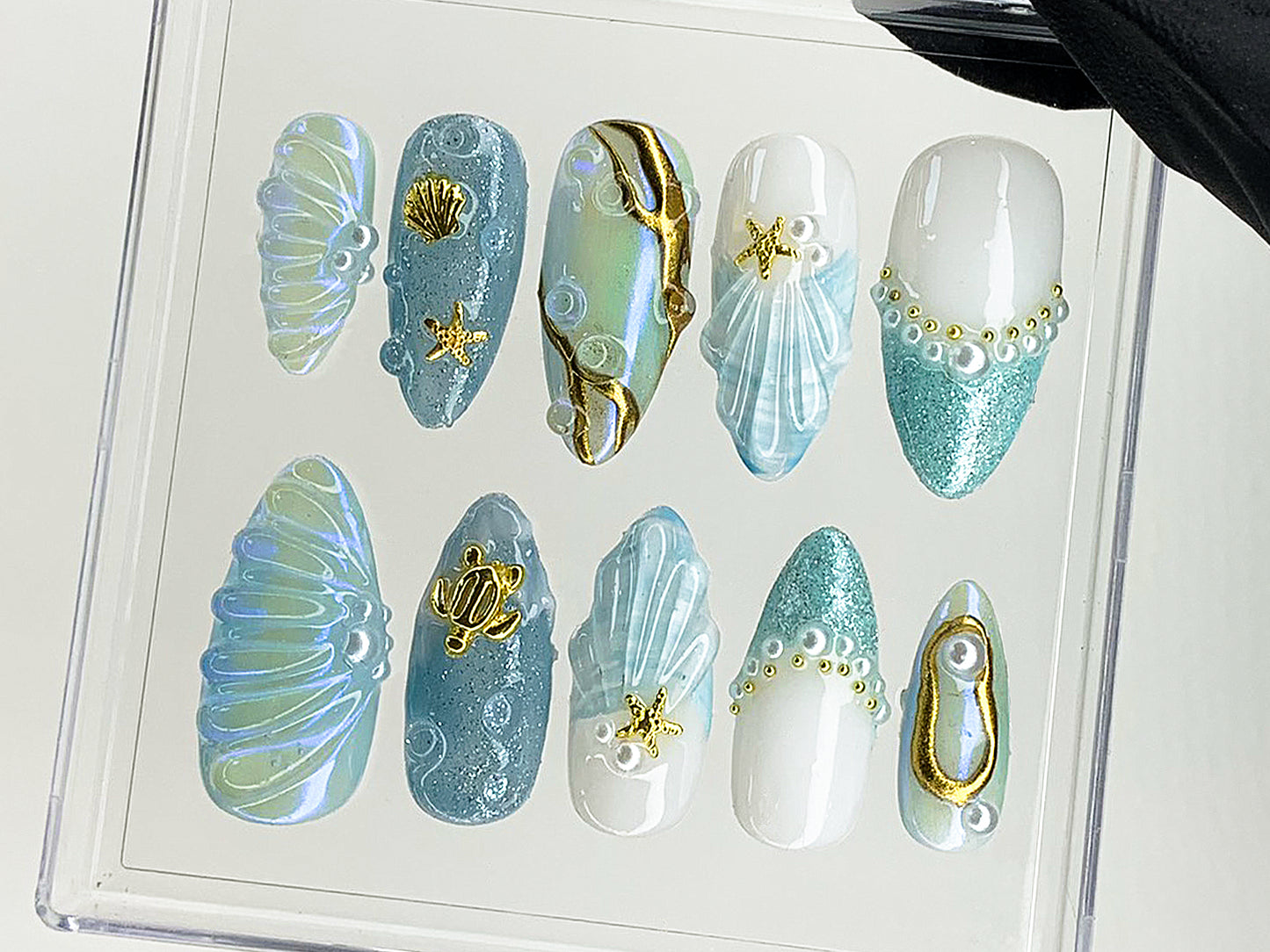 Mermaid Ocean Press On Nails | Blue Ocean-Inspired Designs with Glittery Oceanic, 3D Starfish | Custom Handmade Press On Nails | HD503AL