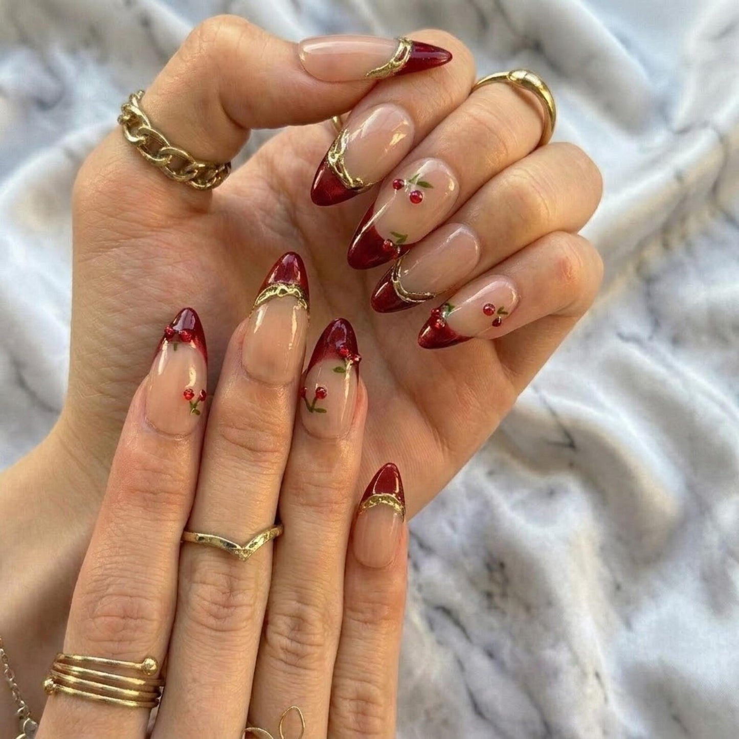 Vampy Cherry Press On Nails | Gold Swirl French Tip | Deep Red Y2K Summer | Bold Date Night Vacation | Custom Shape Handmade Set | OB1354DK