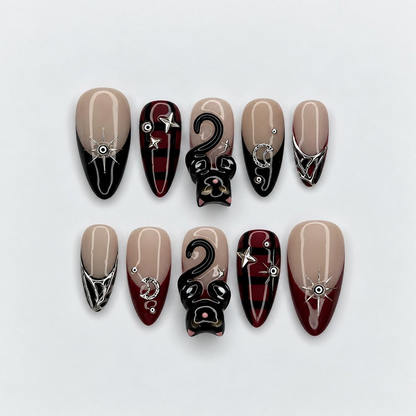 3D Black Cat Press On Nails, Gothic Burgundy Celestial Almond Nails, Handmade Gel Acrylic Set | OB459XG