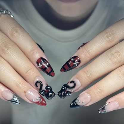 3D Black Cat Press On Nails, Gothic Burgundy Celestial Almond Nails, Handmade Gel Acrylic Set | OB459XG