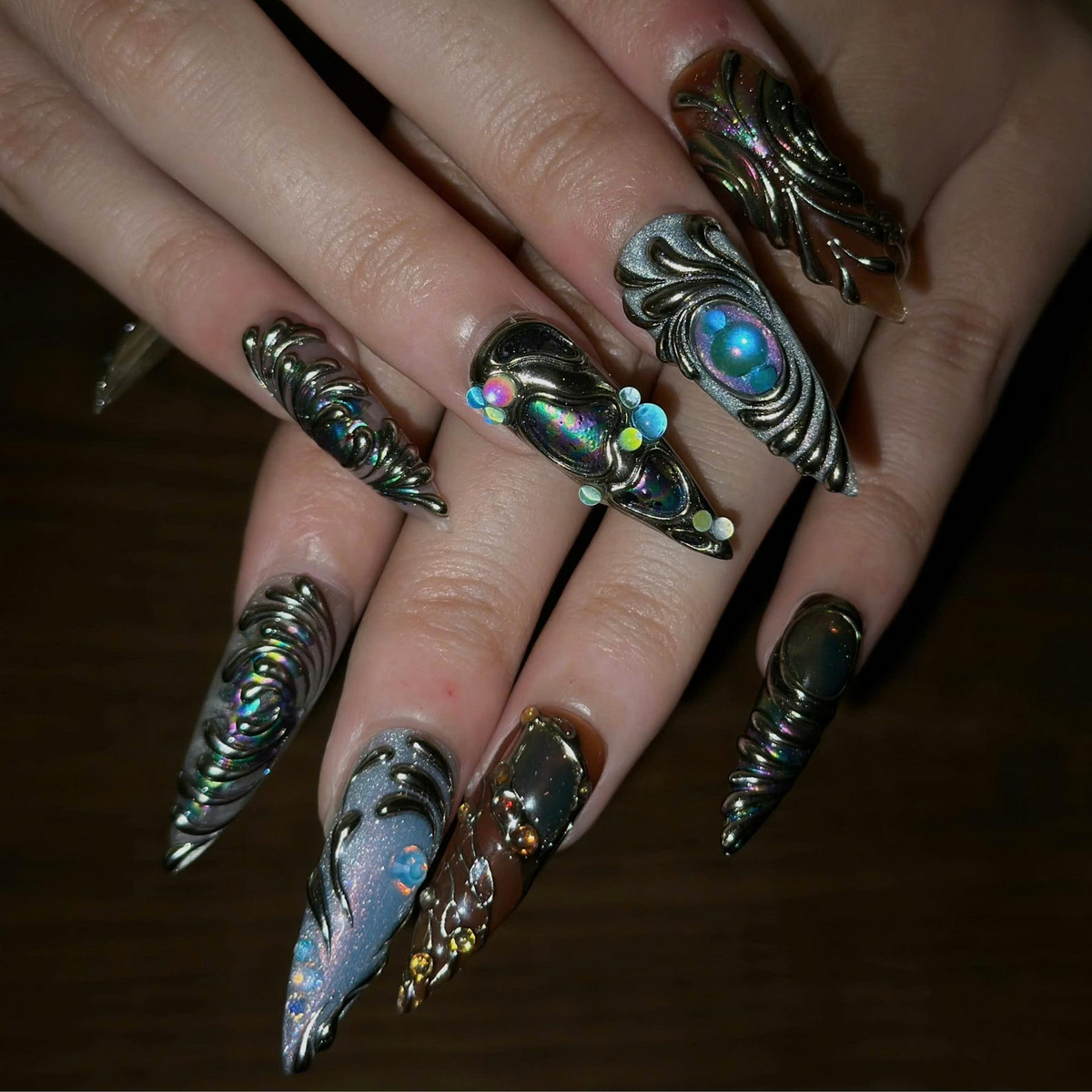 3D Chrome Press On Nails | Silver Sculptural Nail Art | Iridescent Gemstone Details | Futuristic Long Stiletto Nails| OB687UC