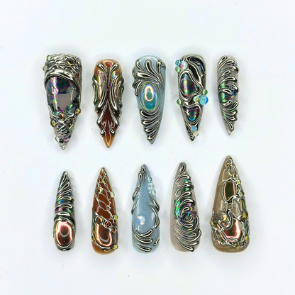 3D Chrome Press On Nails | Silver Sculptural Nail Art | Iridescent Gemstone Details | Futuristic Long Stiletto Nails| OB687UC