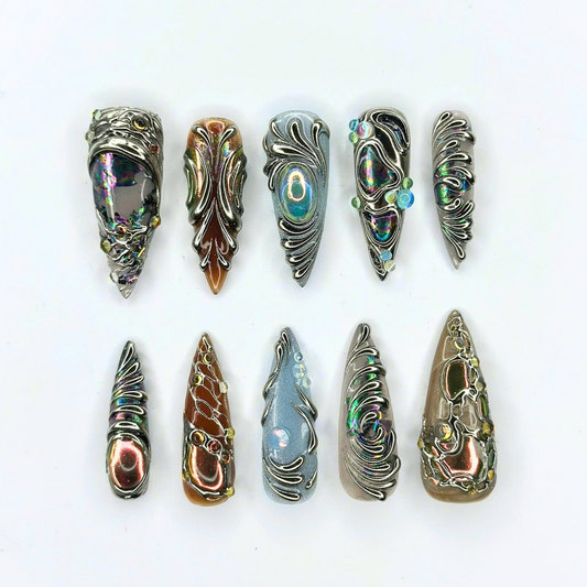 3D Chrome Press On Nails | Silver Sculptural Nail Art | Iridescent Gemstone Details | Futuristic Long Stiletto Nails| OB687UC