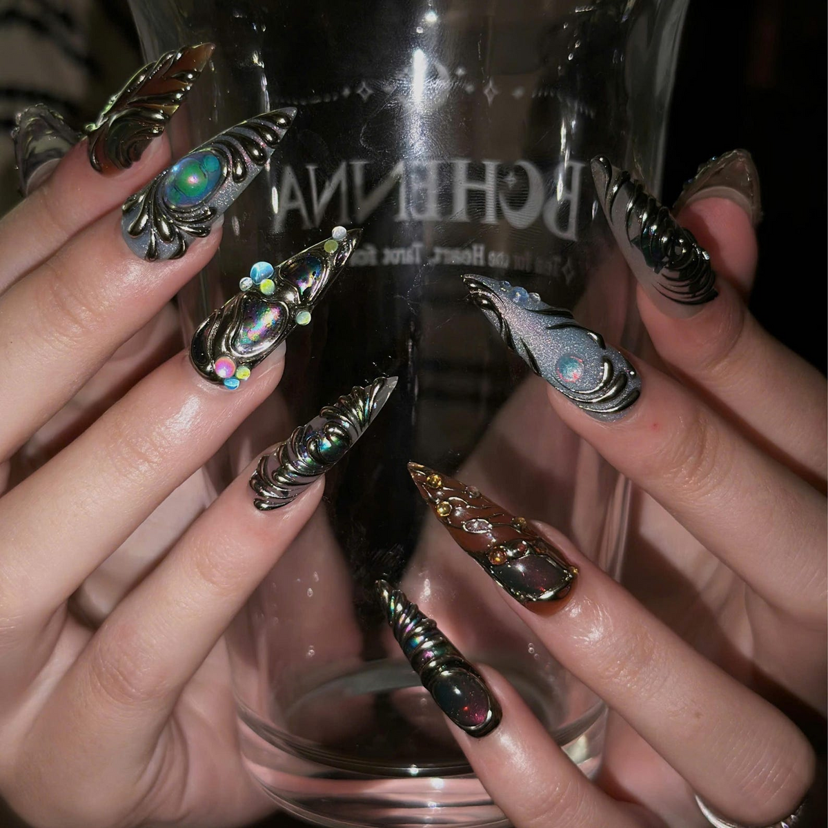 3D Chrome Press On Nails | Silver Sculptural Nail Art | Iridescent Gemstone Details | Futuristic Long Stiletto Nails| OB687UC