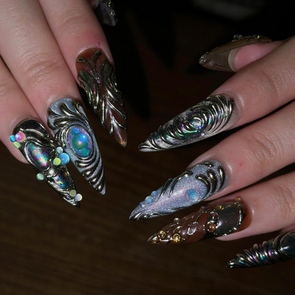 3D Chrome Press On Nails | Silver Sculptural Nail Art | Iridescent Gemstone Details | Futuristic Long Stiletto Nails| OB687UC